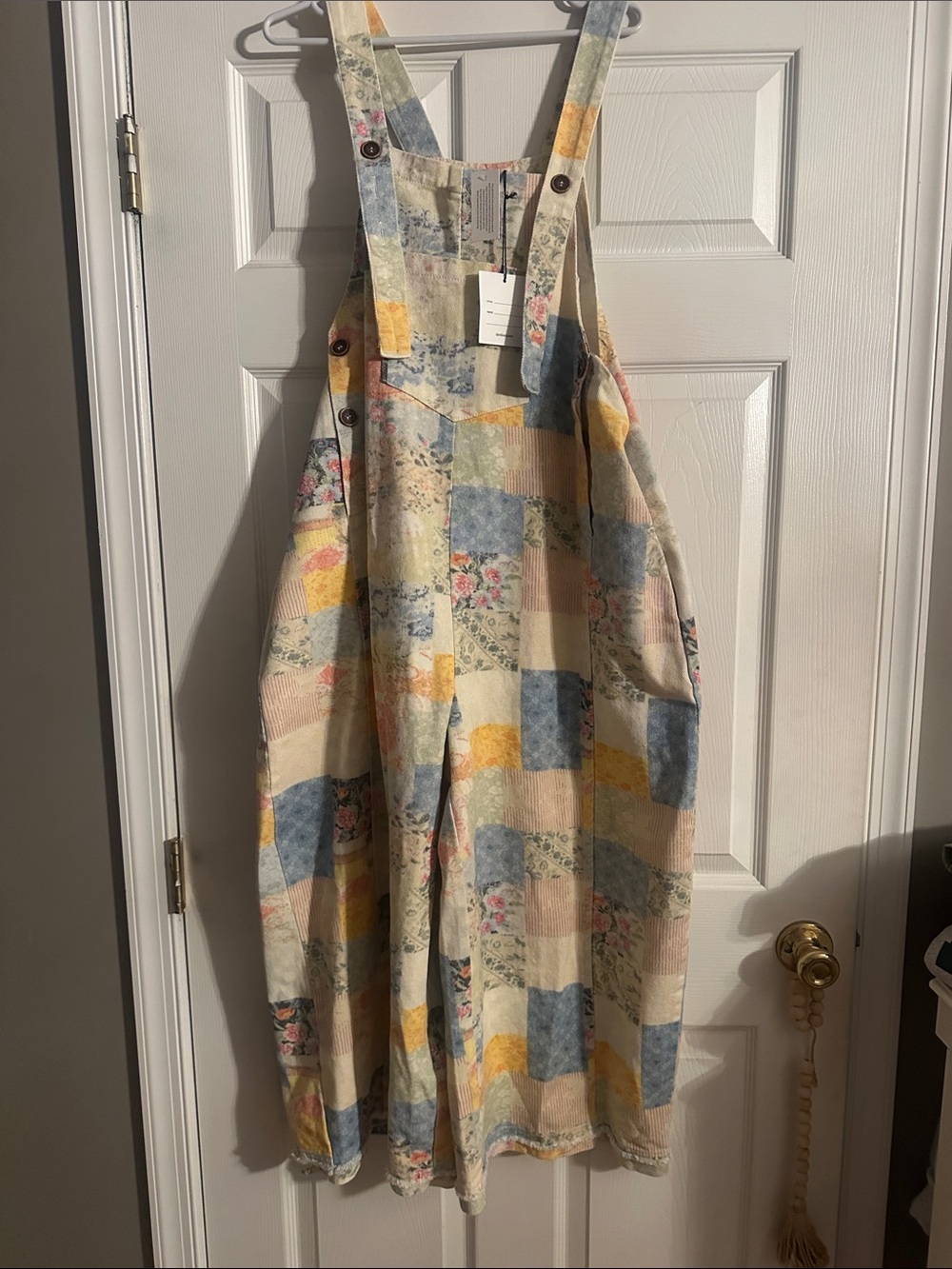 Davi and Dani Patchwork Floral Overalls Dress - Cream, Blue & Yellow